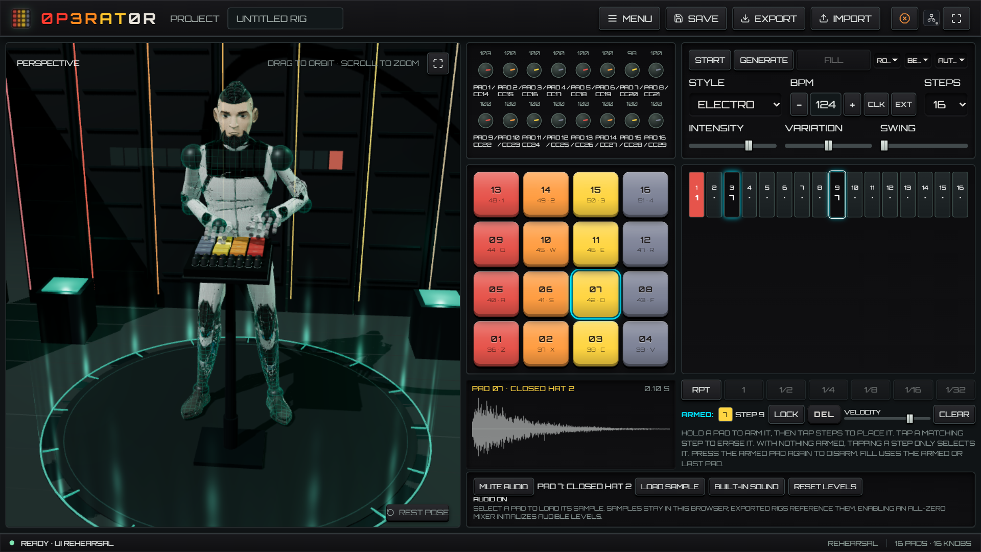 0P3RAT0R with X-MAN playing the 3D drum controller beside the pads, knobs and step sequencer